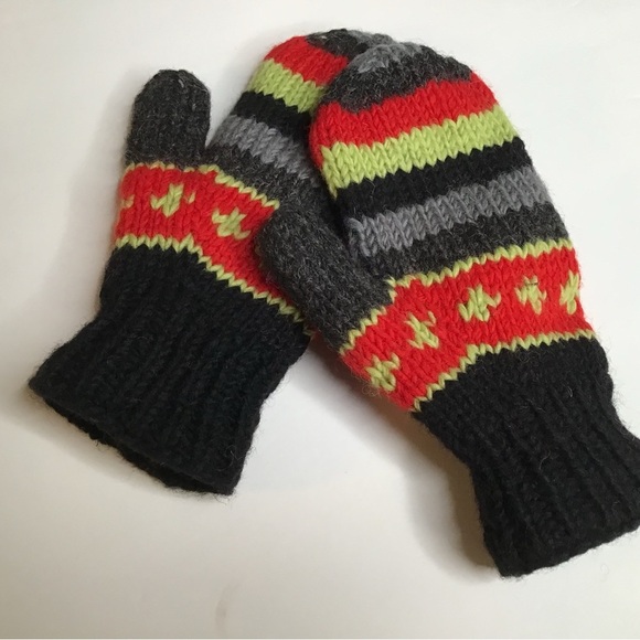 Hand Knitted Whool Colorful Striped Adult Mittens - Picture 1 of 4
